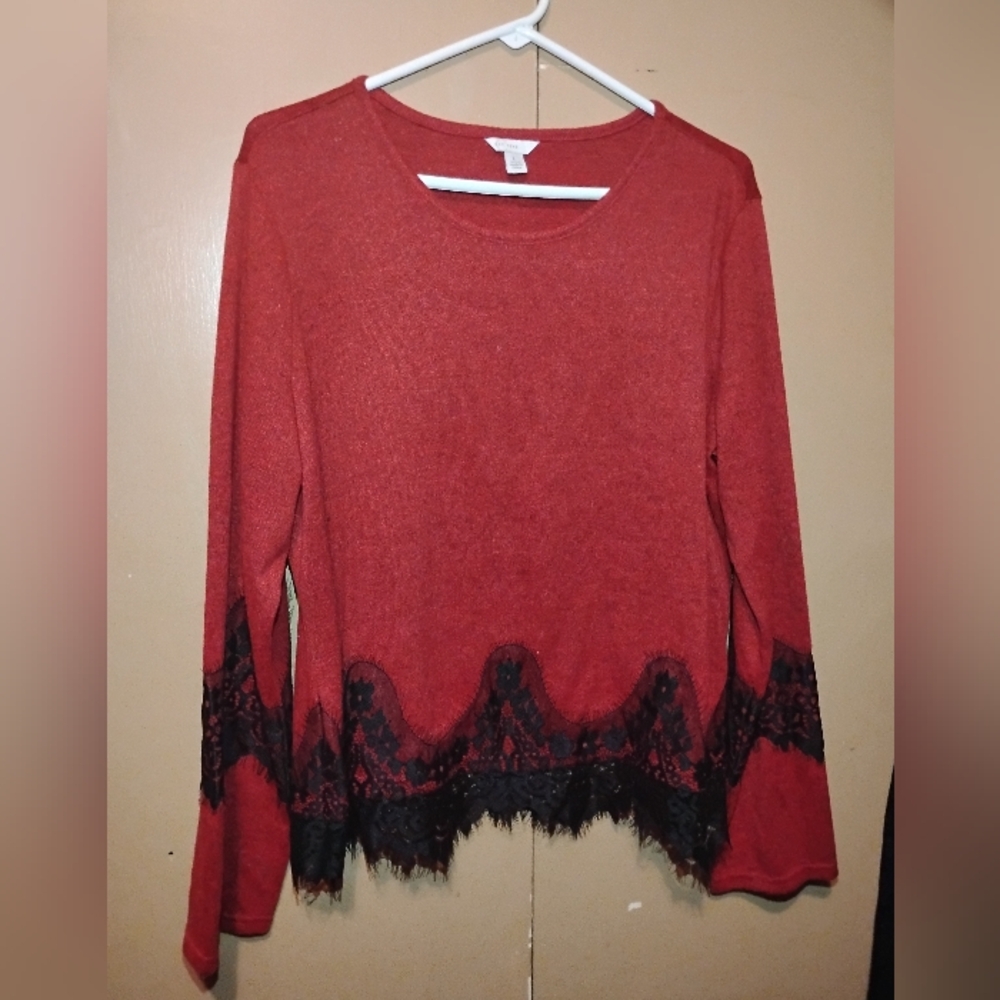 Cato Red Blouse with Black Lace Trim Large Shirt